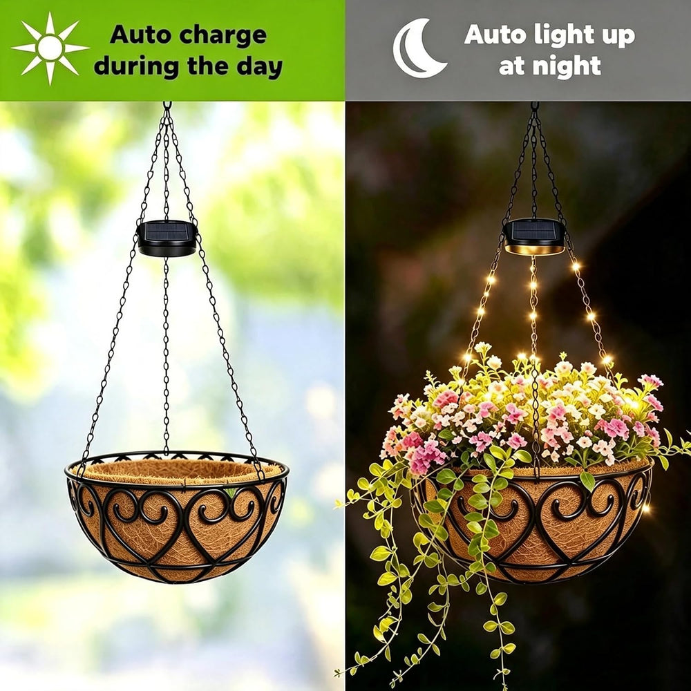 2 Pack 10 Inch Solar Hanging Flower Basket with LED String Lights
