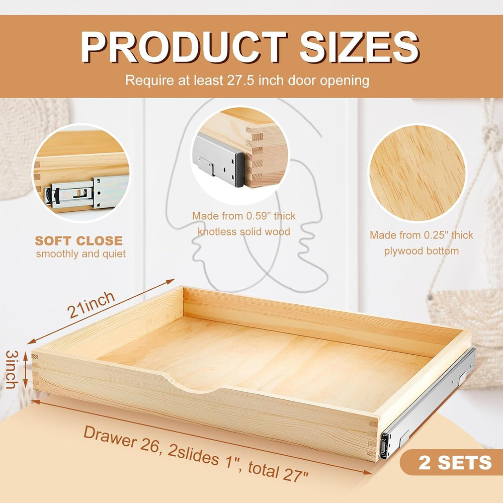 Menkxi 2 Set Wood Pull out Cabinet Organizer, Wood Color, 27'' X 21