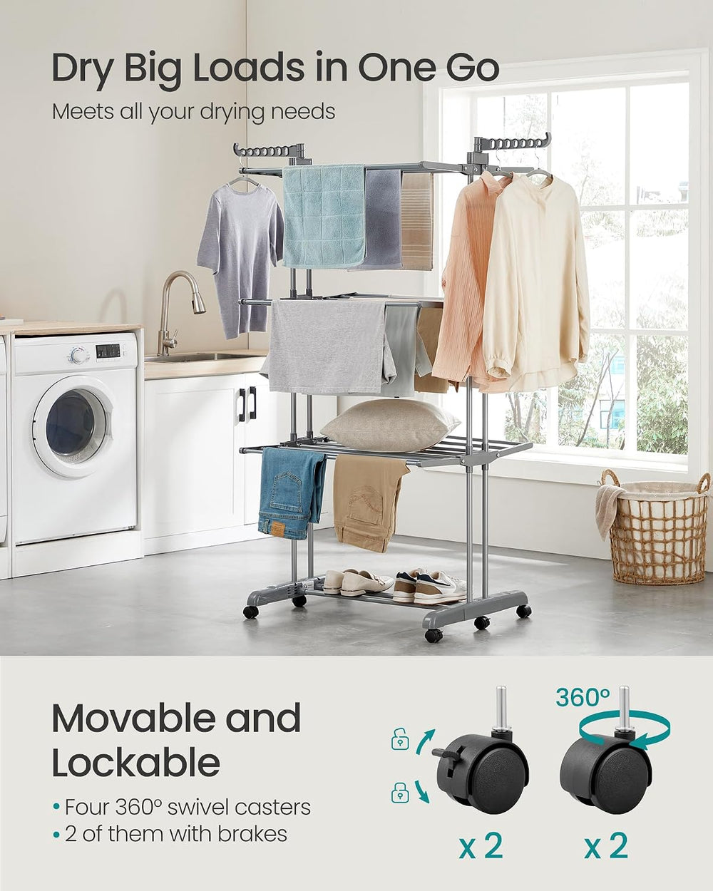 SONGMICS 4-Tier Clothes Drying Rack, Foldable, Rolling, 67.9-Inch Tall