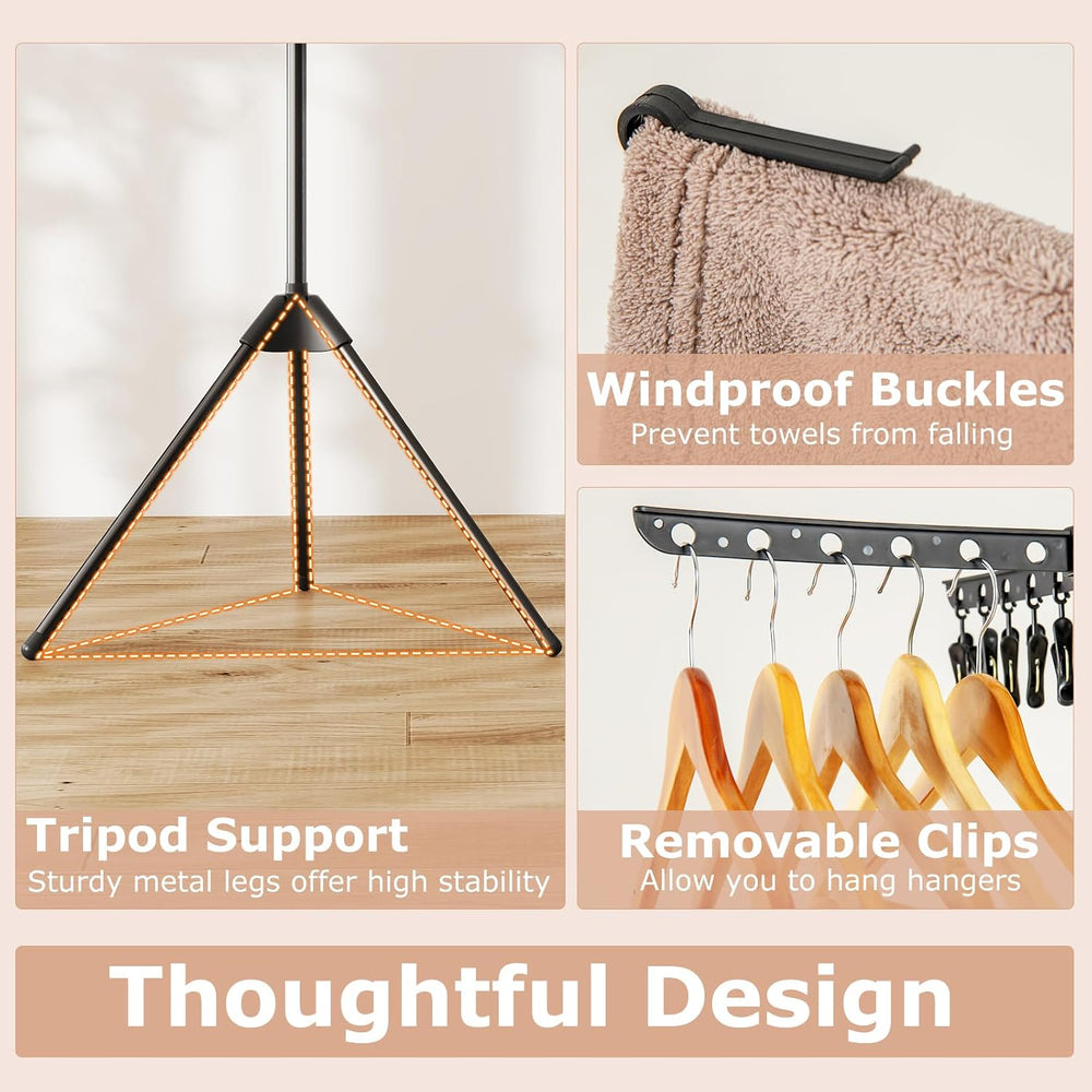 GIANTEX 70" Tripod Clothes Drying Rack w/24 Clips & 32 Rods, 360° Ro...