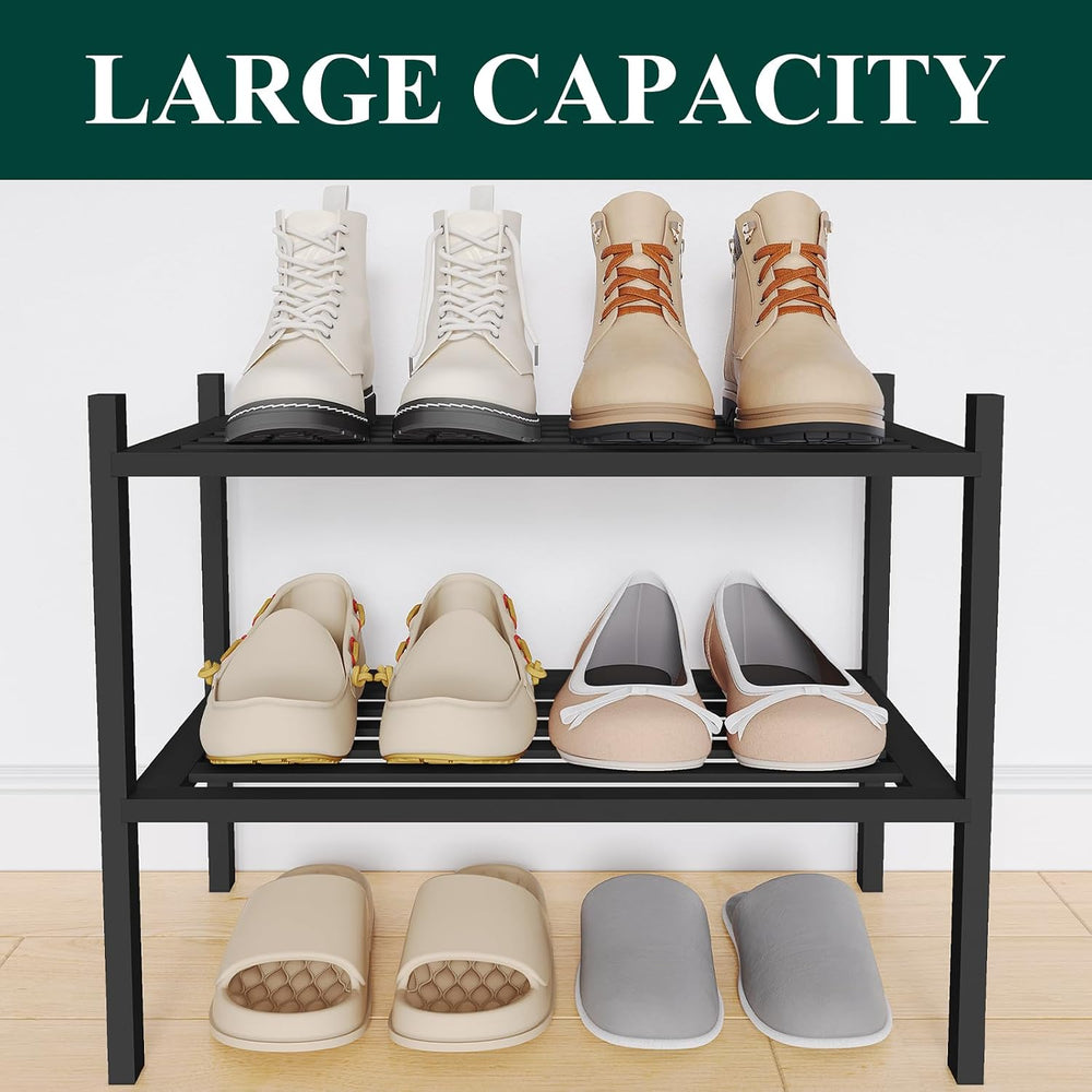 Smiry Bamboo Shoe Rack, 5 Horizontal Slats, 2 Tier - 17.3" Wide, Black