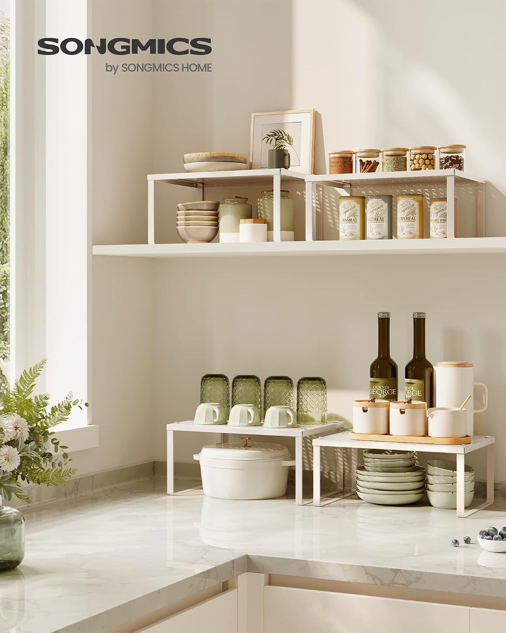 SONGMICS Set of 4 Metal Spice Racks, Stackable Expandable Shelf Risers