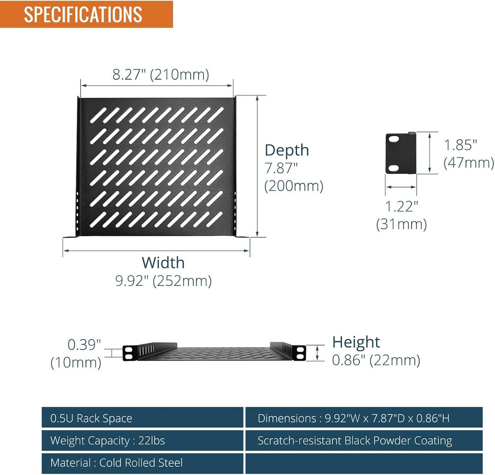 Tecmojo 2 Pack 0.5U Rack Mount Shelf for 10" Server Rack, 7.87" Dee...