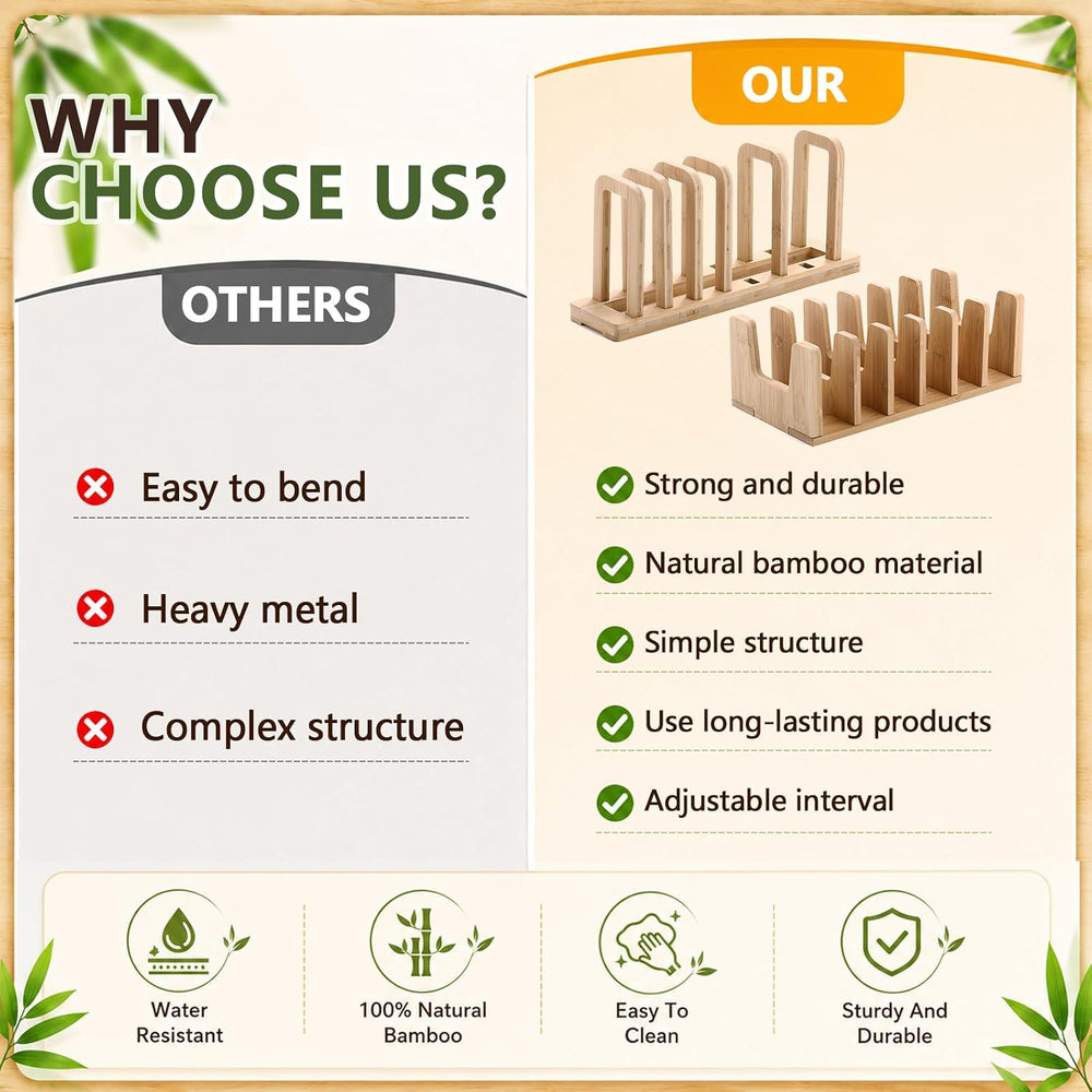 2 Pack Bamboo Cabinet Organizer, Board Rack & Pot Lid Holder