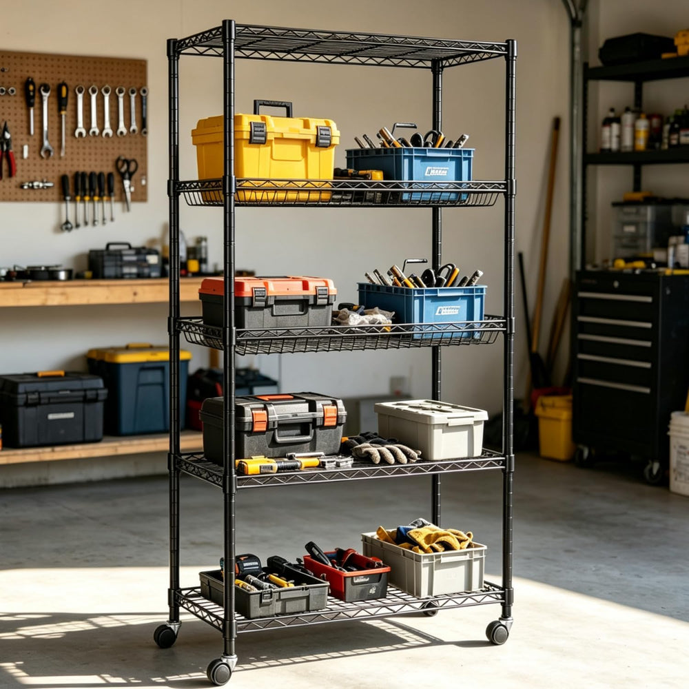 5-Tier Wire Shelving with Shelf Liners, 65"H Basket Metal Shelving Unit