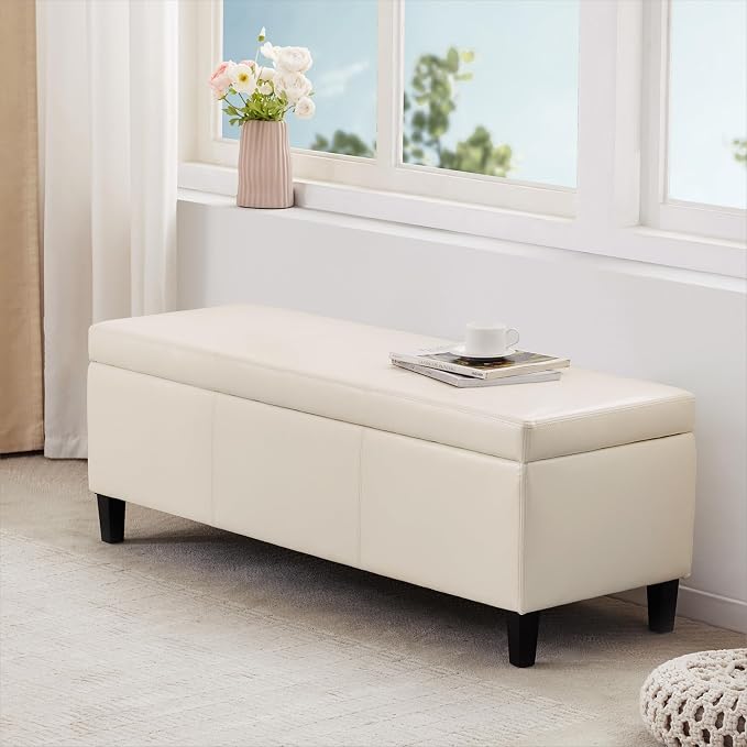 HUIMO Faux Leather Storage Ottoman Bench 50.3 inch Extra Long Upholstered