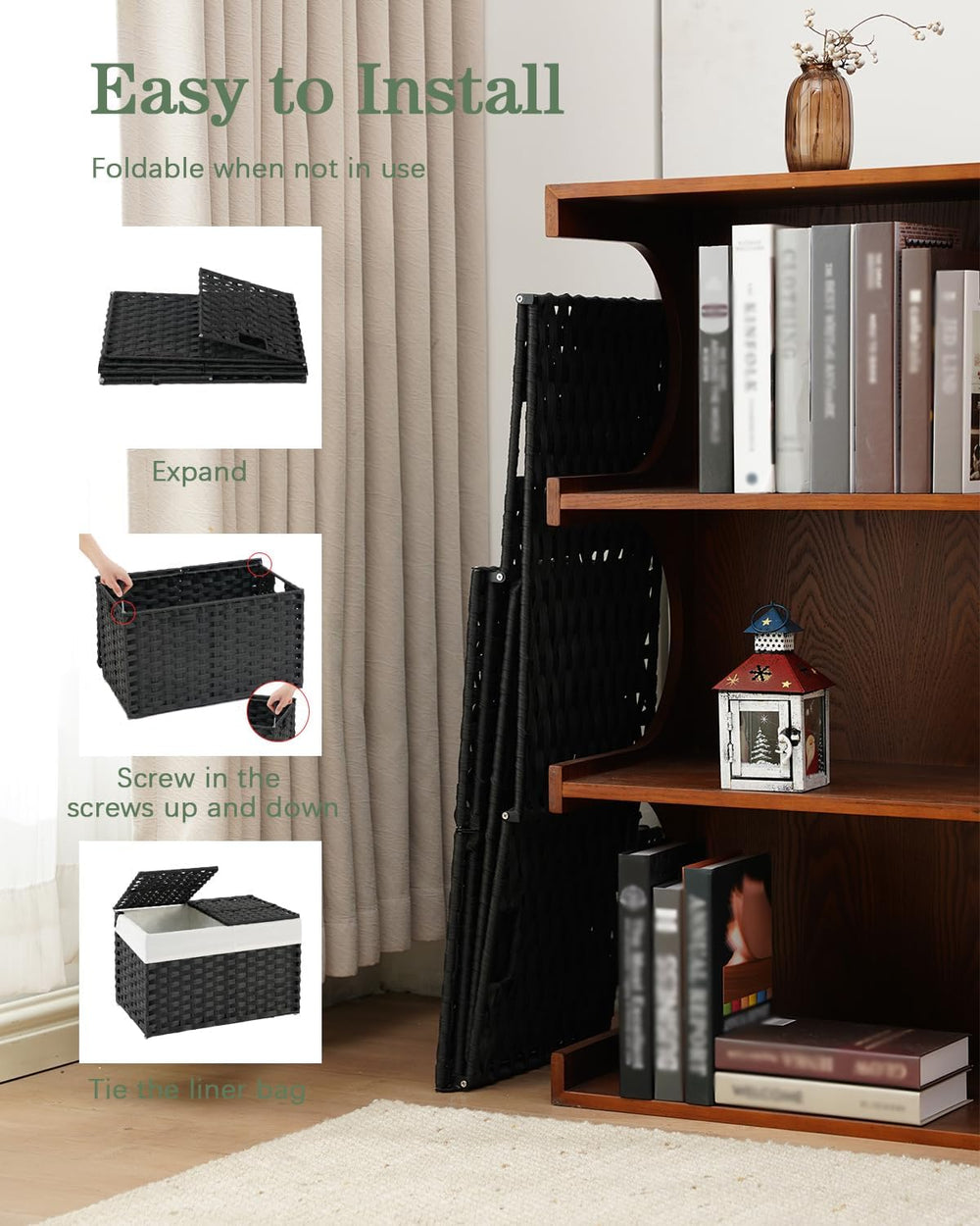 Storage Basket with Lid PE Rattan Woven Storage Bins, 65L Black
