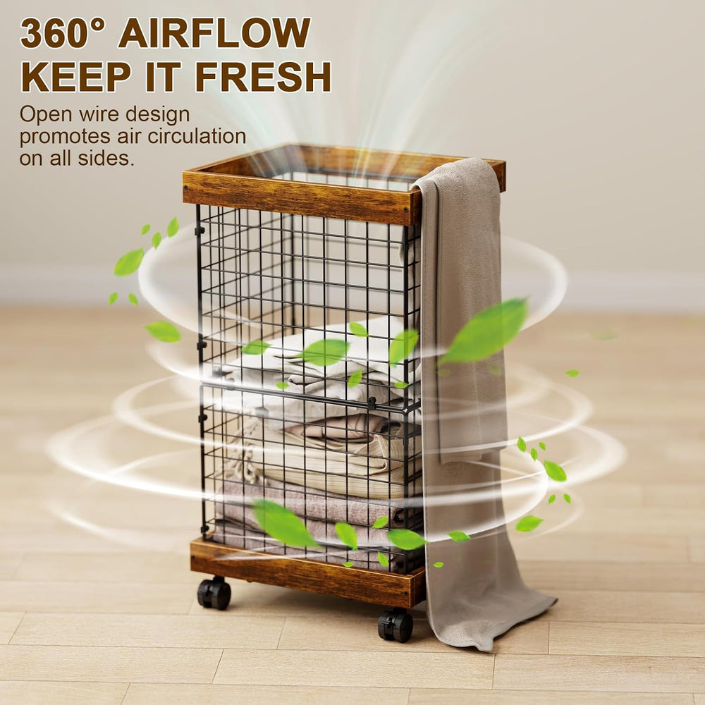 Laundry Basket with Wheels, Rolling Hamper Wooden Wire Laundry Bin