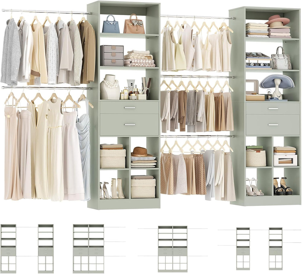 Besiost Closet System, 7.4ft-10ft with 4 Wooden Drawers and 5 Hanging Rods, C...