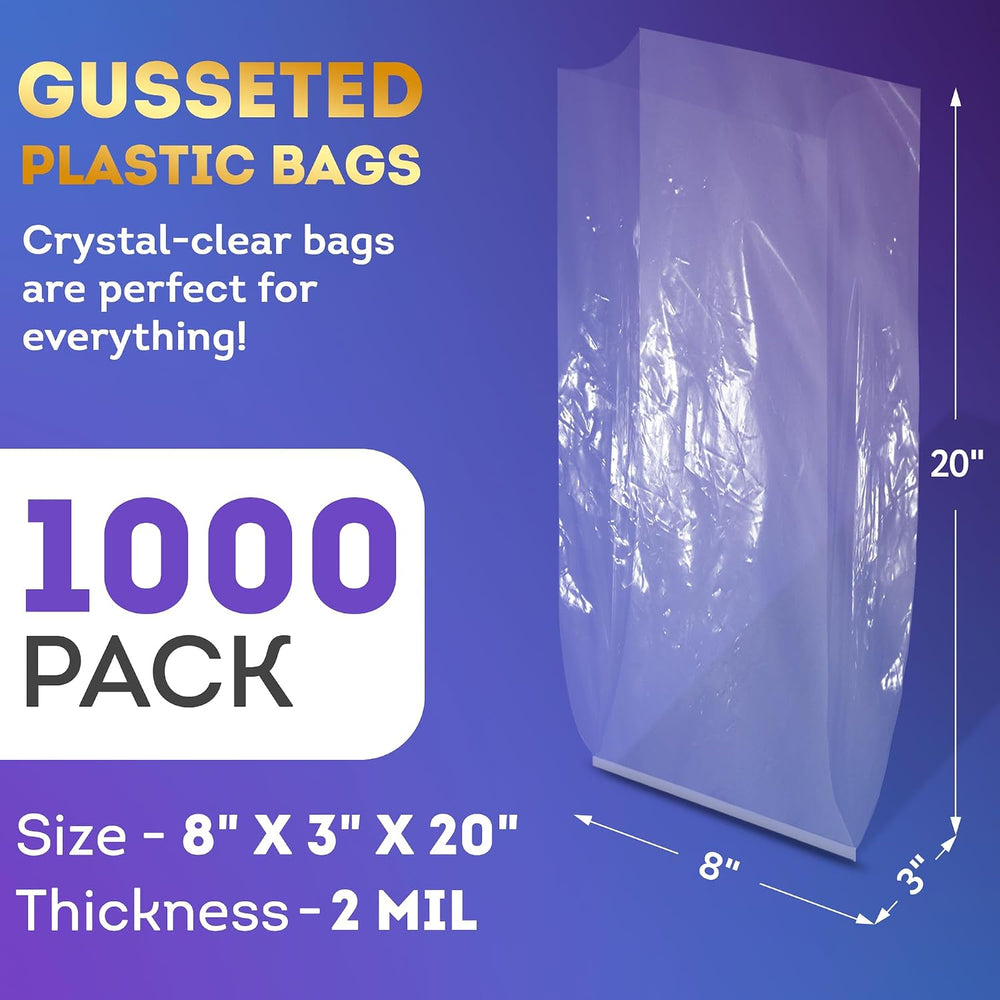 APQ Clear Gusseted Poly Bags, 8 x 3 x 20 Inch, 1000 Count