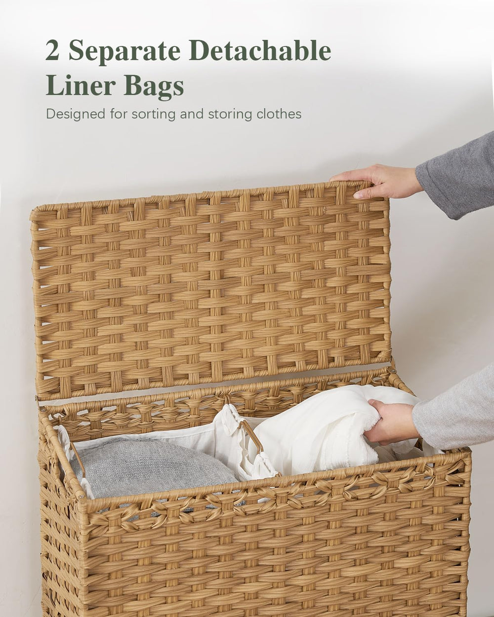 Laundry Hamper with Lid, 112 L Handwoven Rattan Wicker Laundry Basket, 2 Remo...