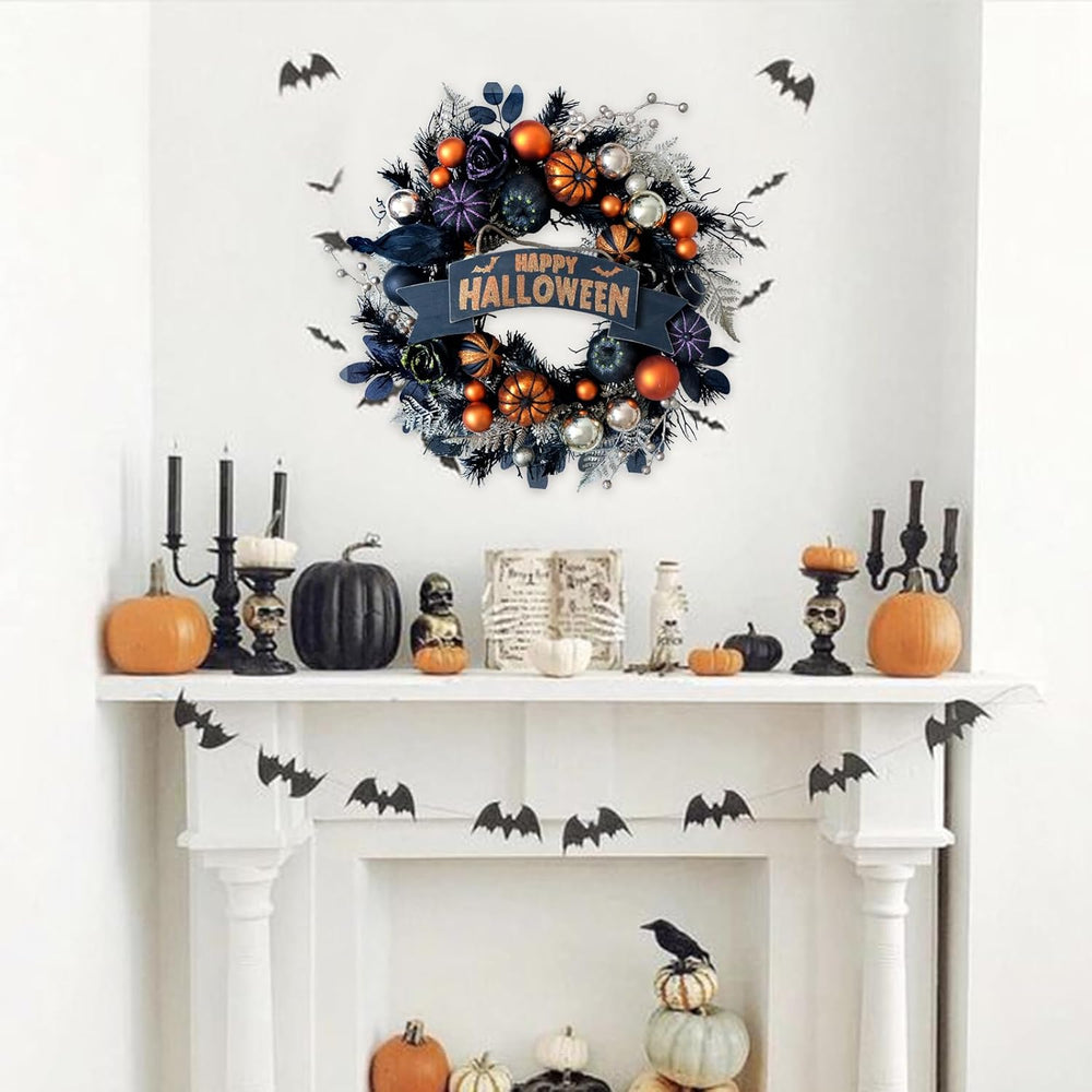 24“ Halloween Black Glitter Pumpkin with Balls Wreath for Front Door