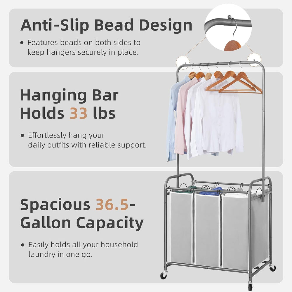 STORAGE MANIAC 136L Laundry Sorter with Hanging Bar, Portable, Removable Laun...