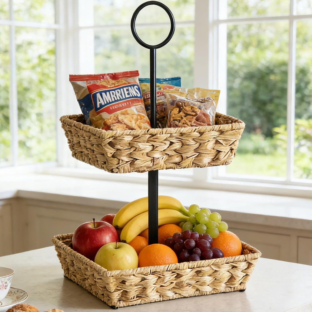 2-Tier Round Faux Rattan Wicker Storage Basket with Metal Frame, Countertop O...