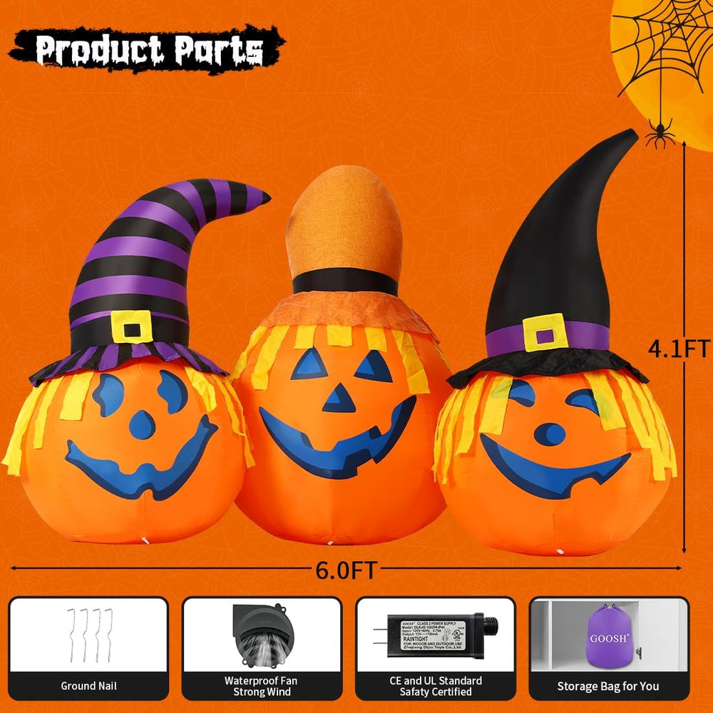 GOOSH 6 FT Halloween Inflatables Outdoor Pumpkin Combo with Wizard hat Blow U...