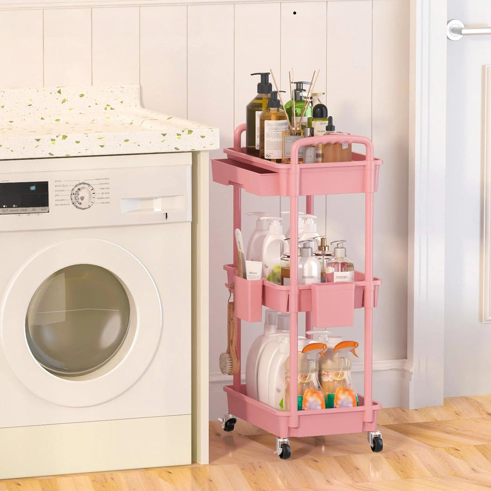 3 Tier Rolling Utility Cart with Drawer, Plastic Storage Organizer Rolling Ca...