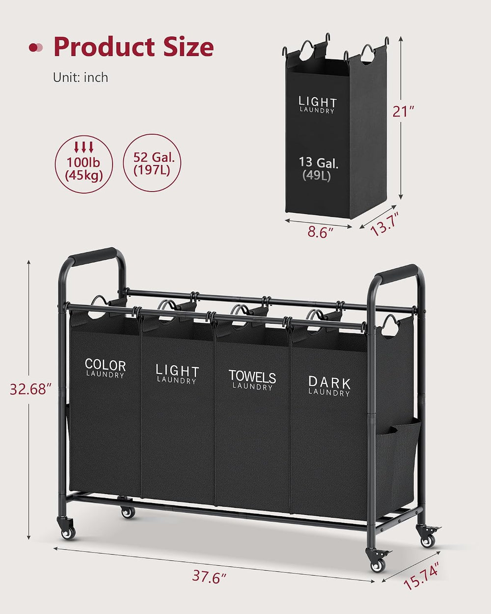 Tajsoon 4 Bag Laundry Sorter Cart, Laundry Sorter 4 Sections, Black