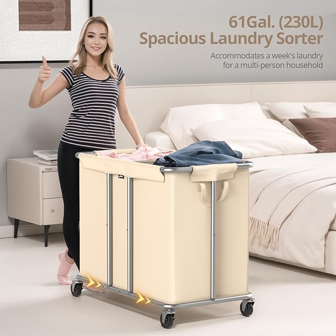 230L Rolling Laundry Hamper, 2-Section Laundry Basket