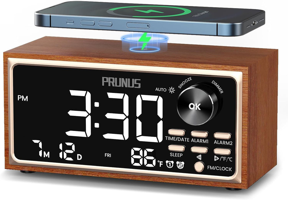 PRUNUS J-177 Retro Vintage Alarm Clock Radio with Fast Wireless Charging
