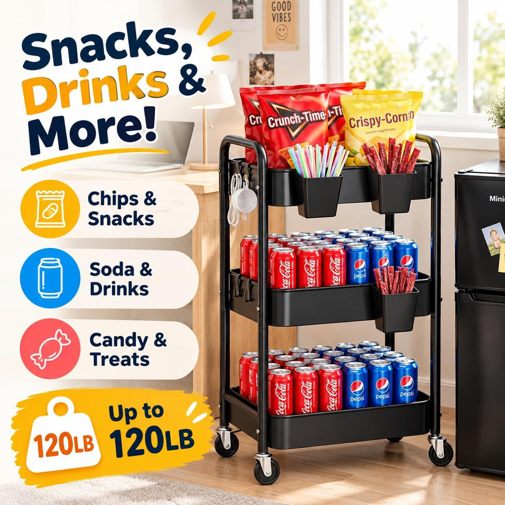 3 Tier Heavy Duty Metal Rolling Storage Cart Organizer with Wheels, Black