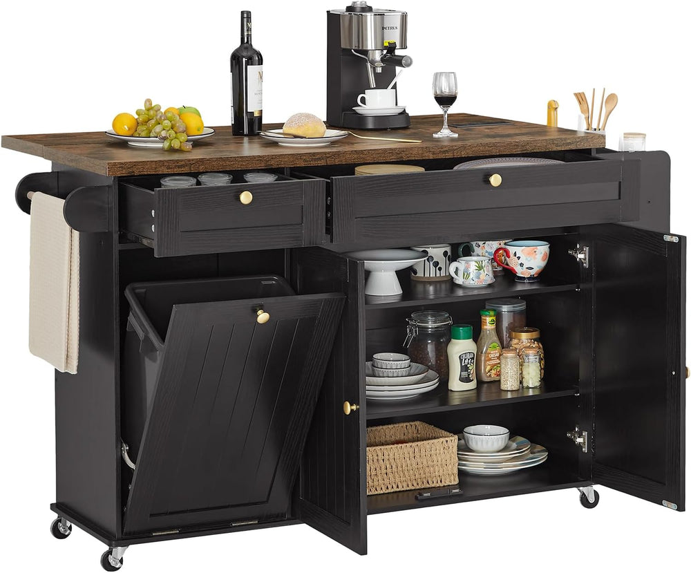 60" Kitchen Island with Drop Leaf & Trash Can Storage, Black