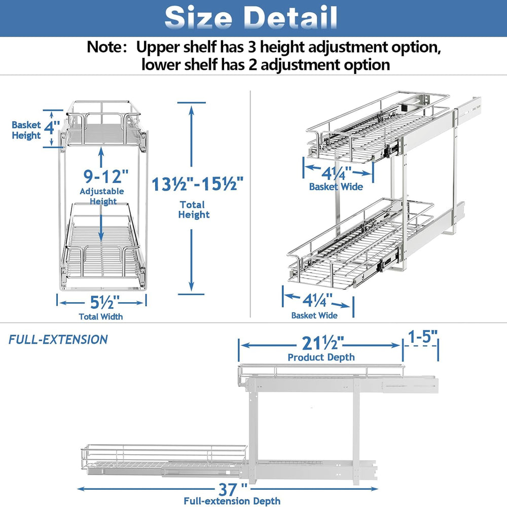 2 Tier Individual Pull Out Cabinet Organizer 5½" W x 21½" D, Heavy ...