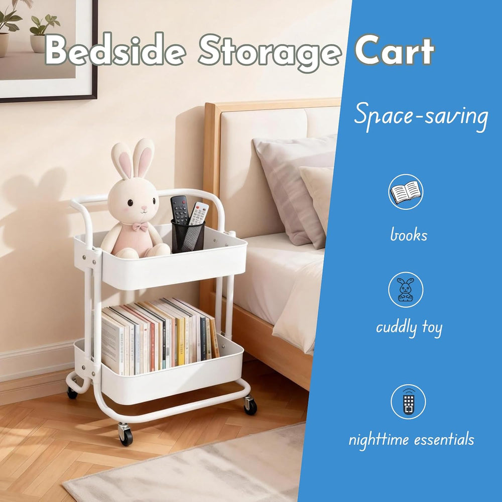2 Tier Cart with Wheels Under Desk Storage with Handle, Metal Rolling Pantry ...