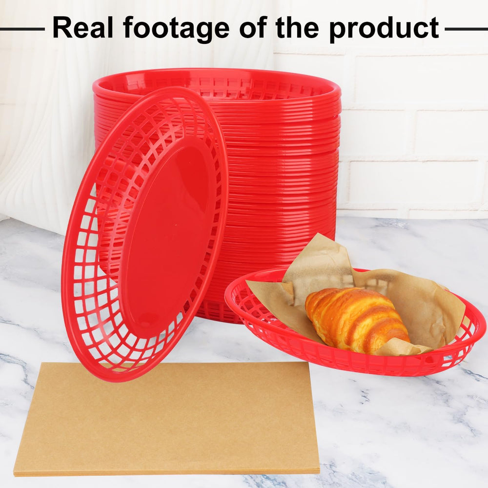 100 Pcs 9 x 5.7 Inch Red Oval Fast Food Baskets, Sturdy Plastic Food Serving ...