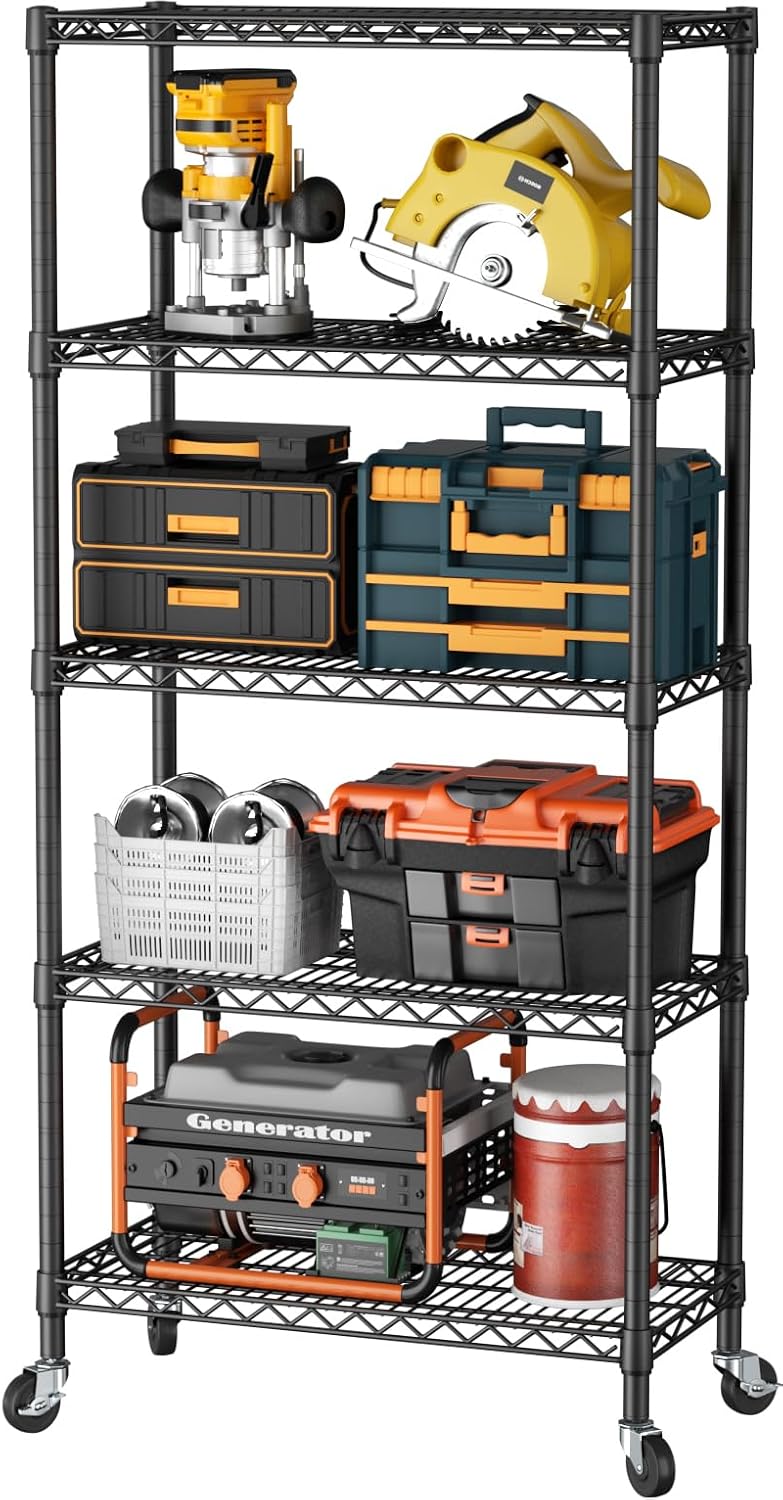 5 Shelves Storage Wire Shelf Closet Metal Shelving Pantry Wheels