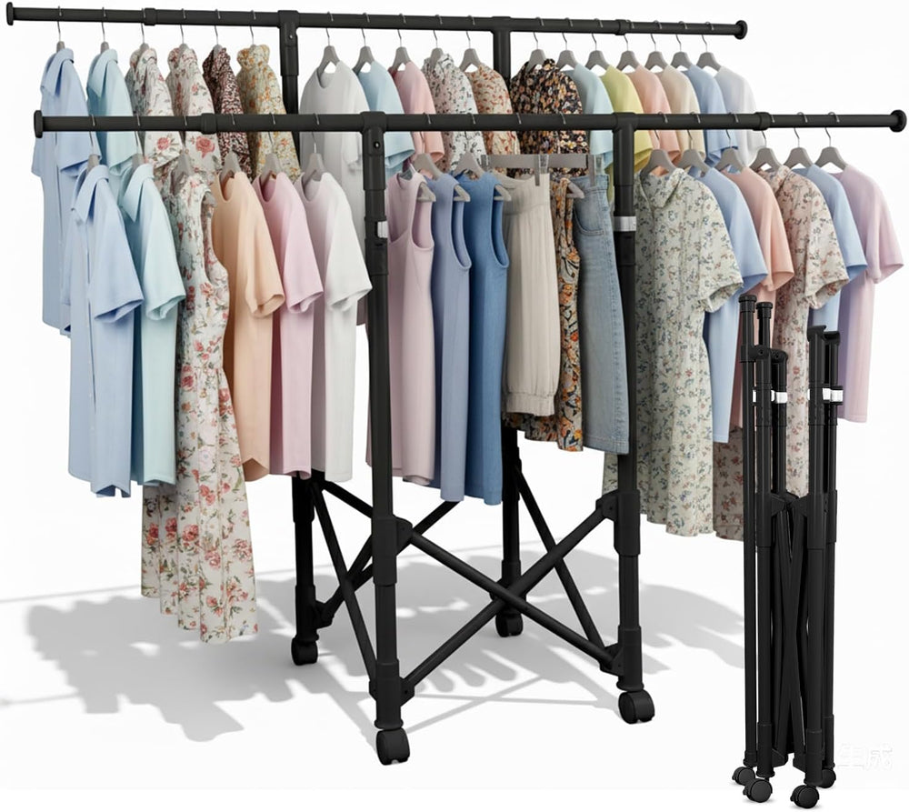 Clothes Rack Double Rods, Foldable Laundry Rack for Air Drying Clothing, Ward...