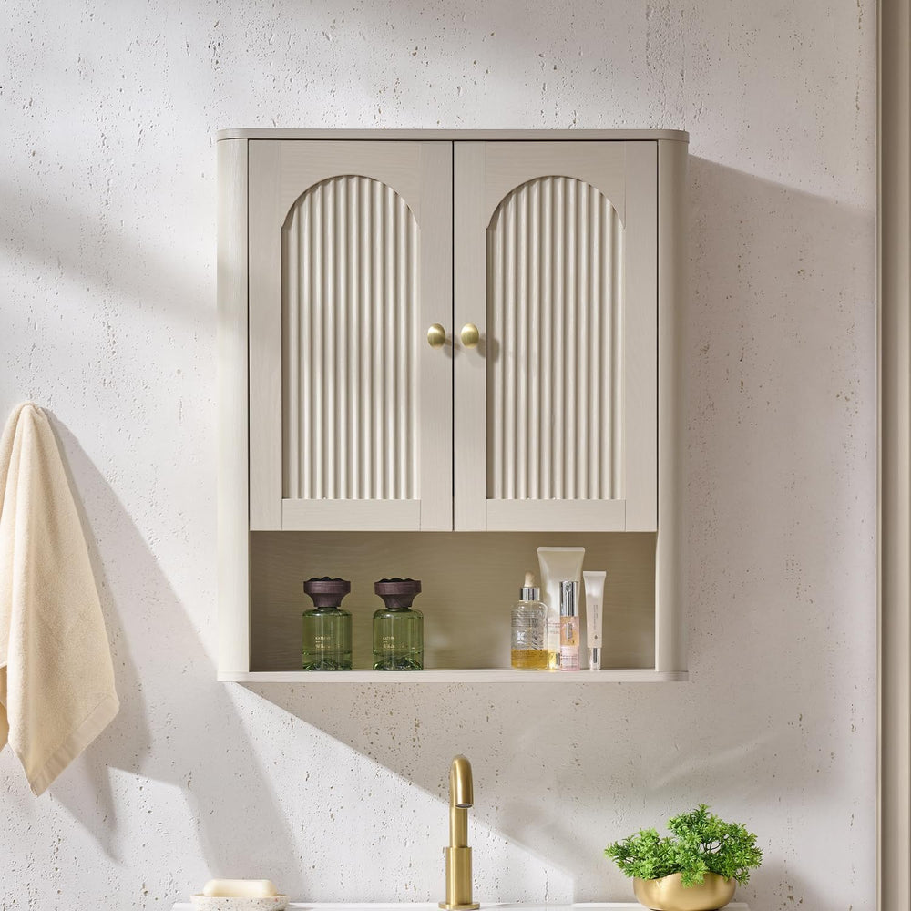 Bathroom Fluted Arched Wall Cabinet, 23.6''W Wood Medicine Cabinet, C...