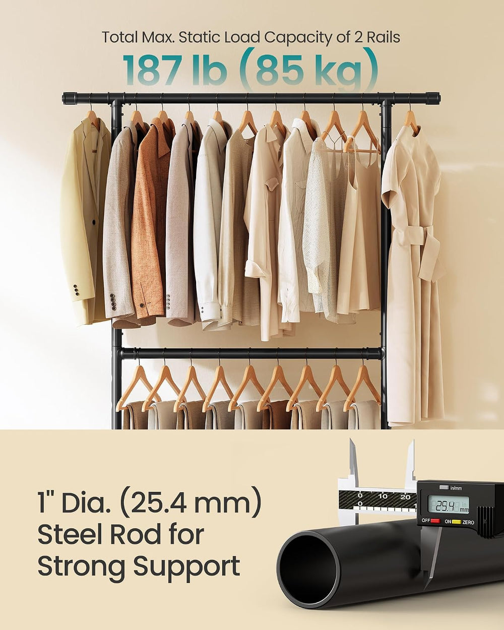 SONGMICS Heavy-Duty Clothes Rack, Double-Rod, Metal Frame on Wheels