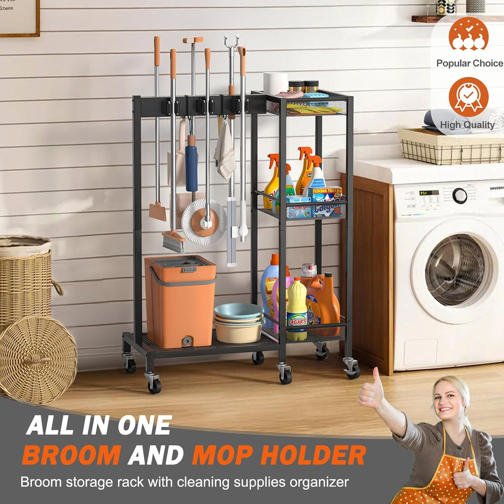 Broom Holder with Cleaning Supplies Organizer, Broom Closet Storage Cabinet w...