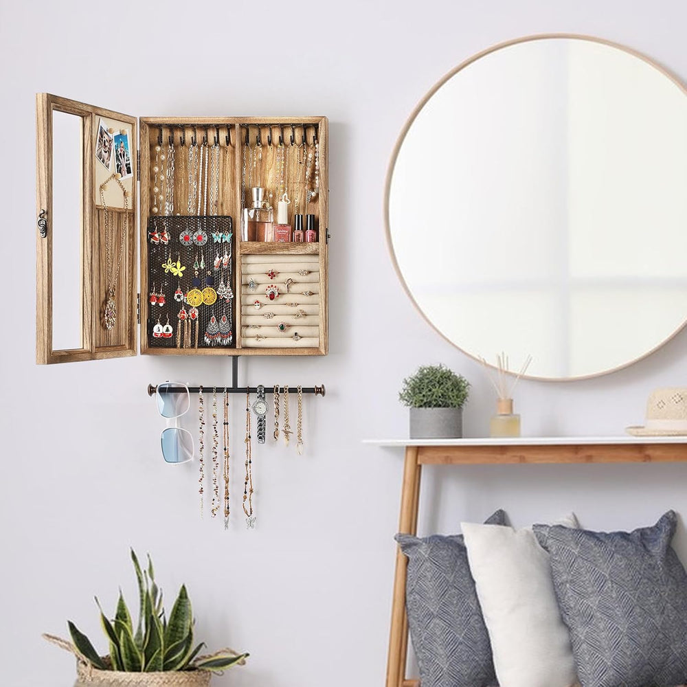 Wall Mounted Jewelry Organizer Box Rustic Wood Large Space Jewelry Cabinet Ho...