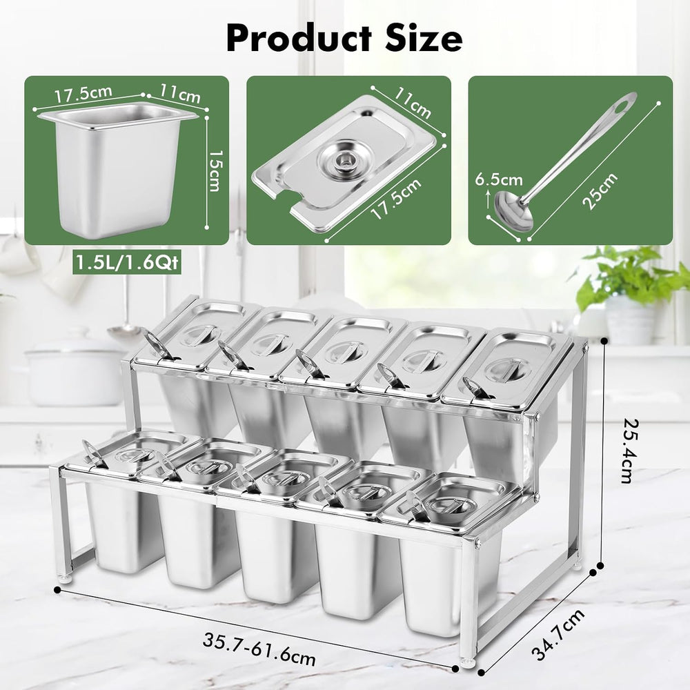 Expandable Spice Rack Organizer, Stainless Steel with 10 Buckets & Lids