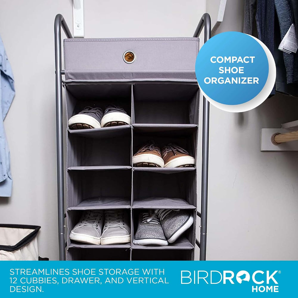 BIRDROCK HOME 12 Cubby Vertical Shoe Rack Organizer with Large Drawer - Grey ...