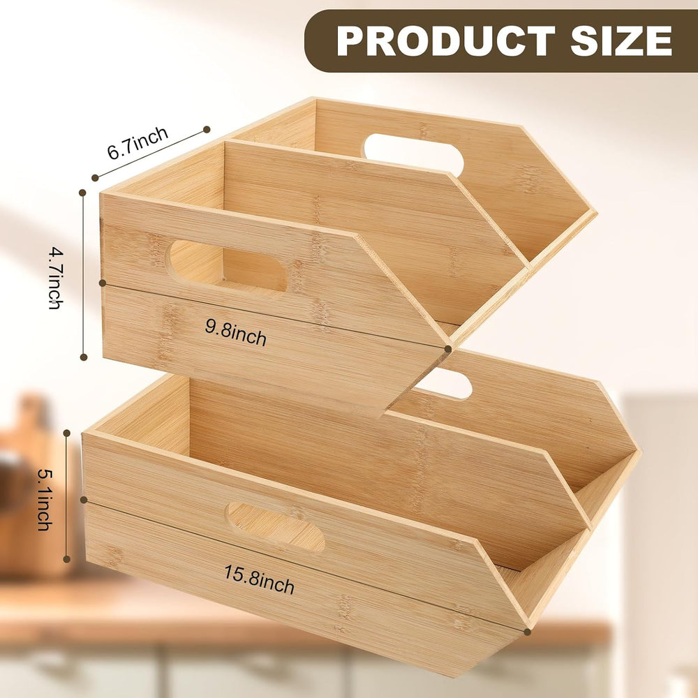 Bamboo Pantry Organizers and Storage Bins, 2 Set Stackable Baskets for Vegeta...