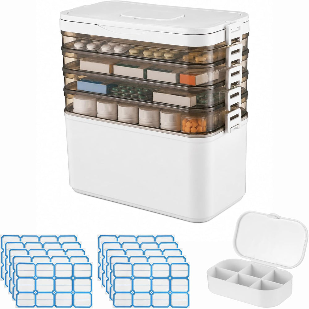 5-Tier Medicine Storage Box with Labels, 12 X 6 X 12 in Medicine Cabinet Orga...