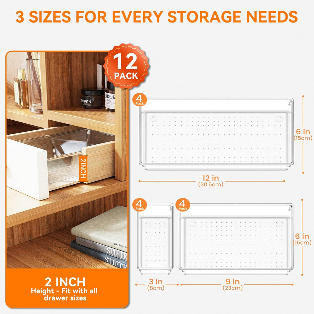 12 Pack Large Clear Plastic Drawer Organizer Trays | MULTI-USE Acrylic Drawer...