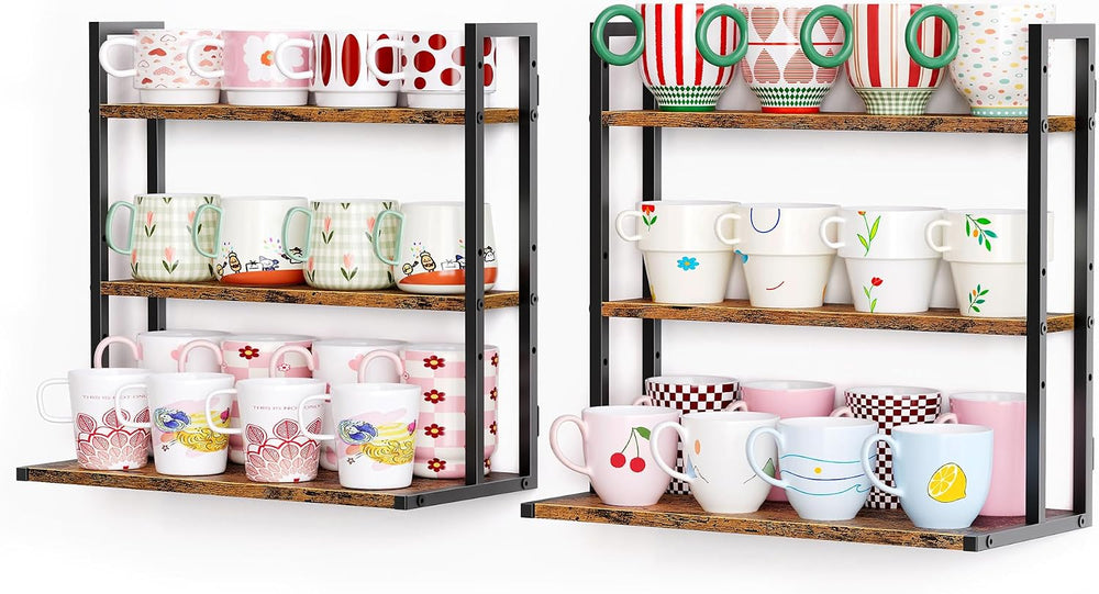 2-in-1 Coffee Cup Holder Wall Mounted, 6-Tier Wood Mug Holder Wall Mount with...