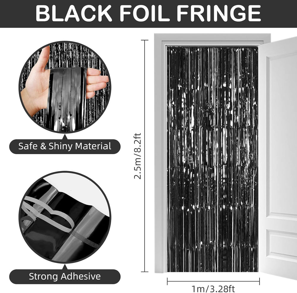 30 Pack Black Foil Fringe Curtain Backdrop, 3.3x8.2 Feet Metallic Tinsel Stre...