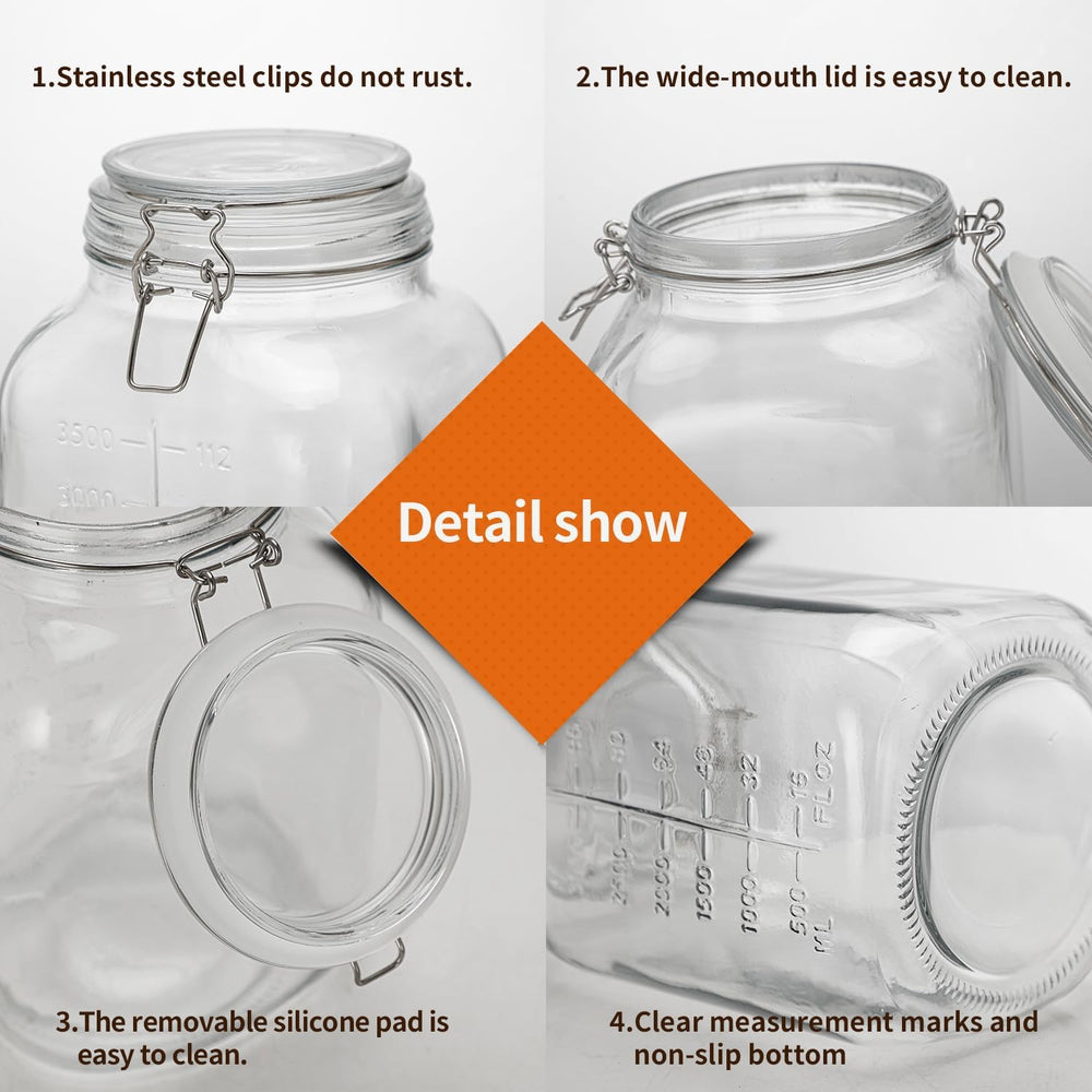 1.1 Gallon Large Glass Food Storage Jars with Airtight Lids,Set of 2 Square W...