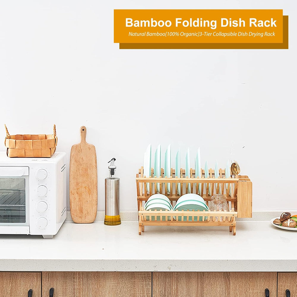 Bamboo Dish Drying Rack, 3-Tier Collapsible Wooden Dish Rack with Utensil Hol...