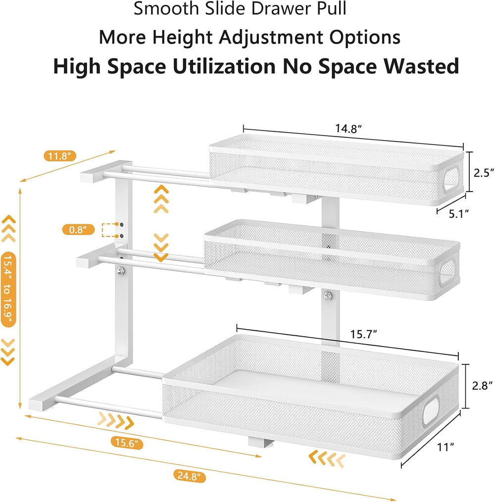 3-Tier Under Sink Organizer, Slide Out Drawer Rack, White, 2 Pack