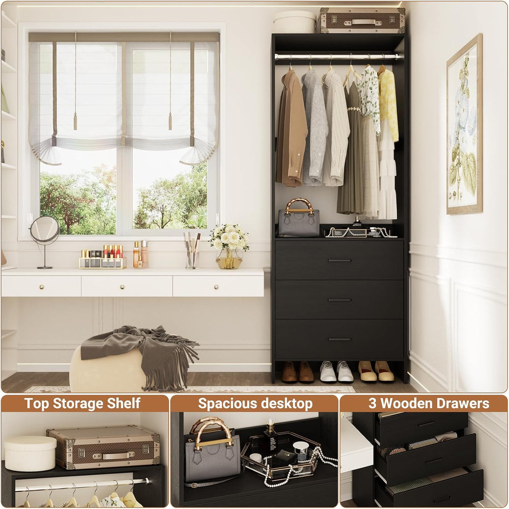 Aheaplus 1.8FT Closet System with 3 Drawers, 21.5’’ Closet Organizer, Black