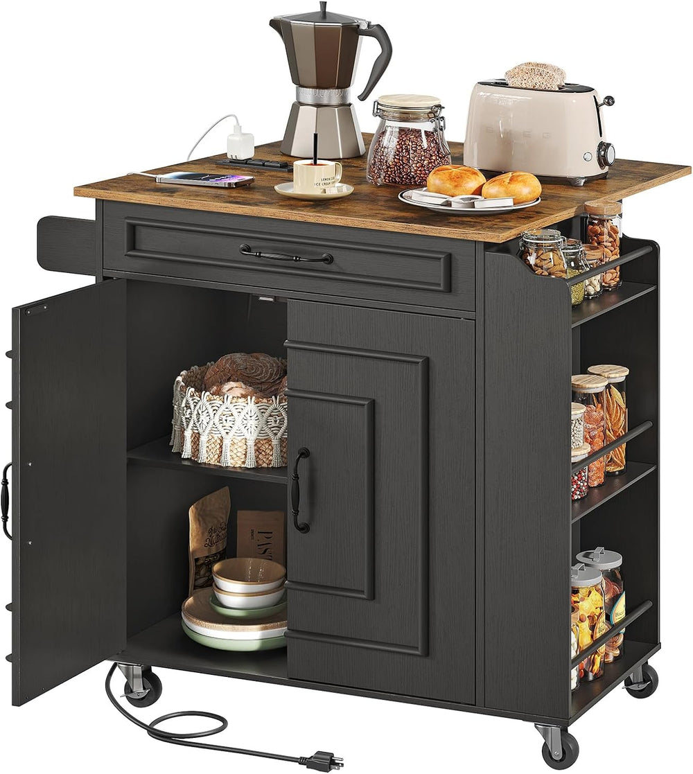 Kitchen Island with Power Outlets & Drop Leaf, Rolling Kitchen Cart on Wh...