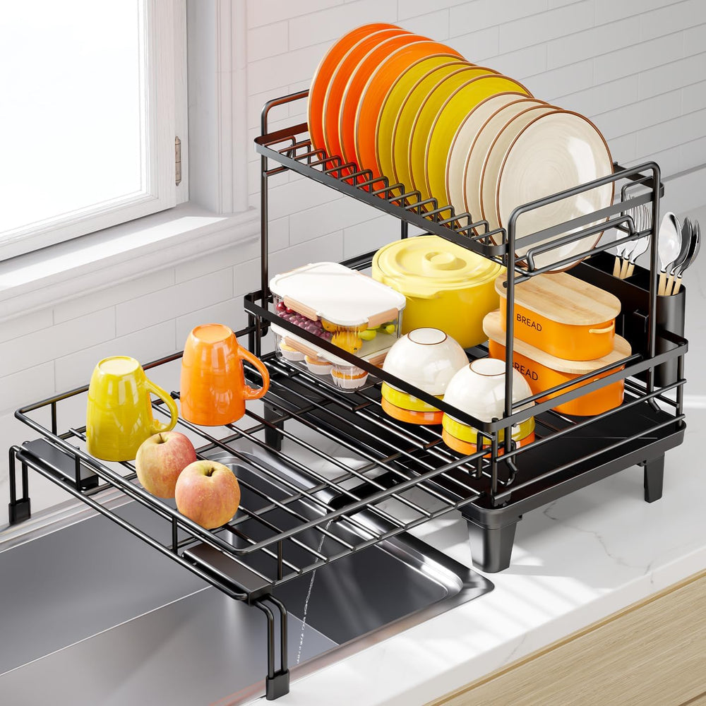 Urackify Expandable Sink Dish Drying Rack for Kitchen Counter, 2-Tier Black