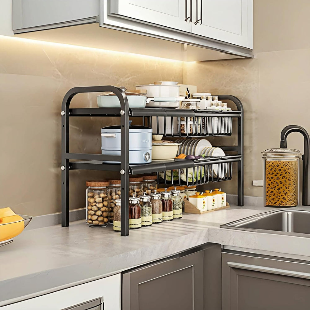 Under Sink Organizer,2 Tier Expandable Heavy Duty Metal Shelf,with 5 Removabl...