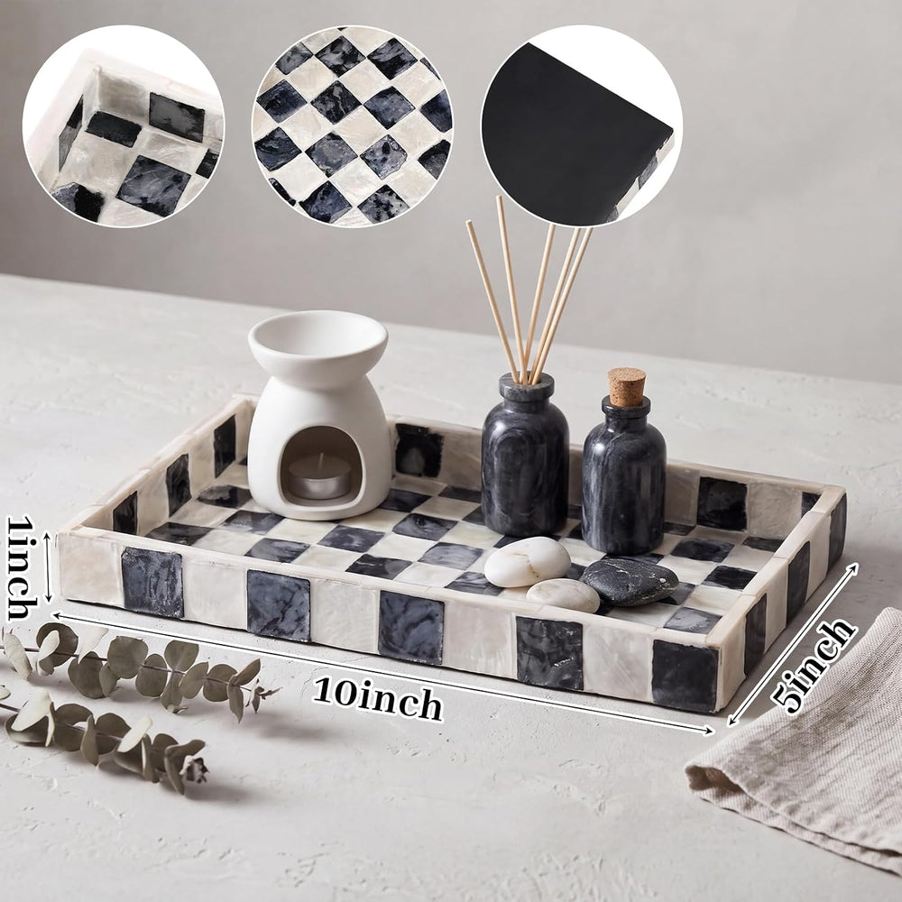 Sawysine 10'' x 5'' Capiz Vanity Tray, Black and White Checke...