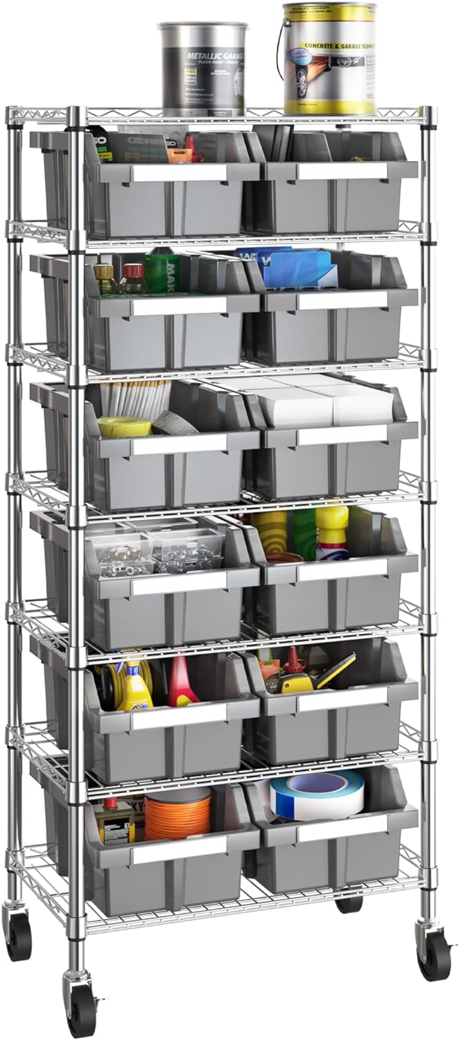 7-Tier NSF 12-Bin Steel Wire Shelving Rack, 25"W x 14"D x 56"H...